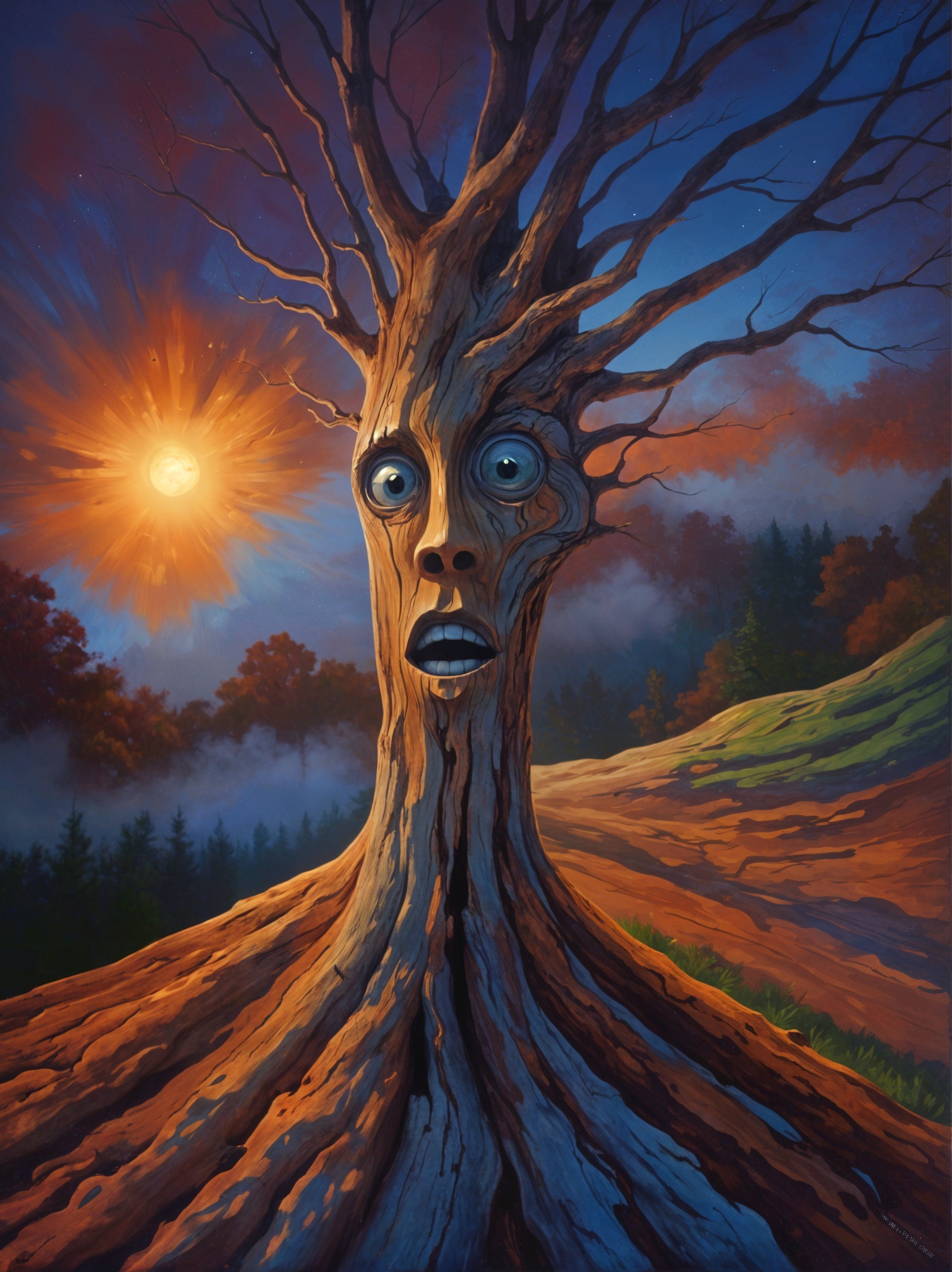 Surreal Tree with Human-Like Face in Warm Light