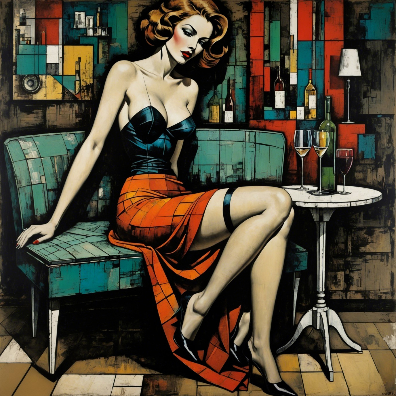 Glamorous Woman on Teal Sofa with Vintage Elegance