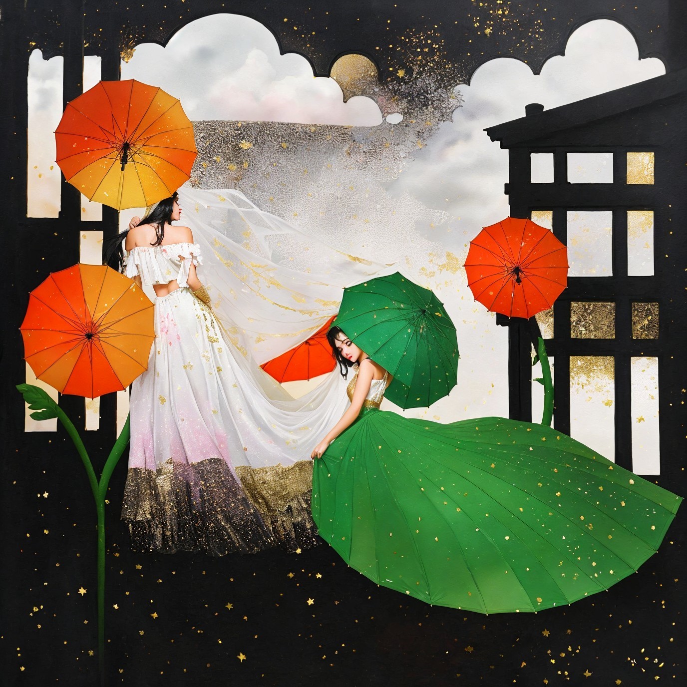 Elegant Women in Colorful Umbrella Landscape