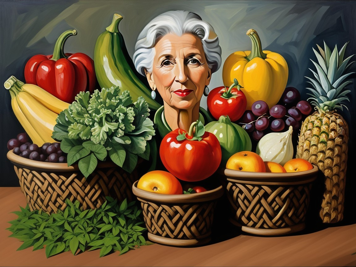Stylized Woman with Colorful Fruits and Vegetables