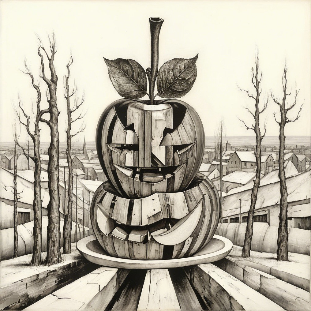 Surreal Composition of Wooden Apple on Plate