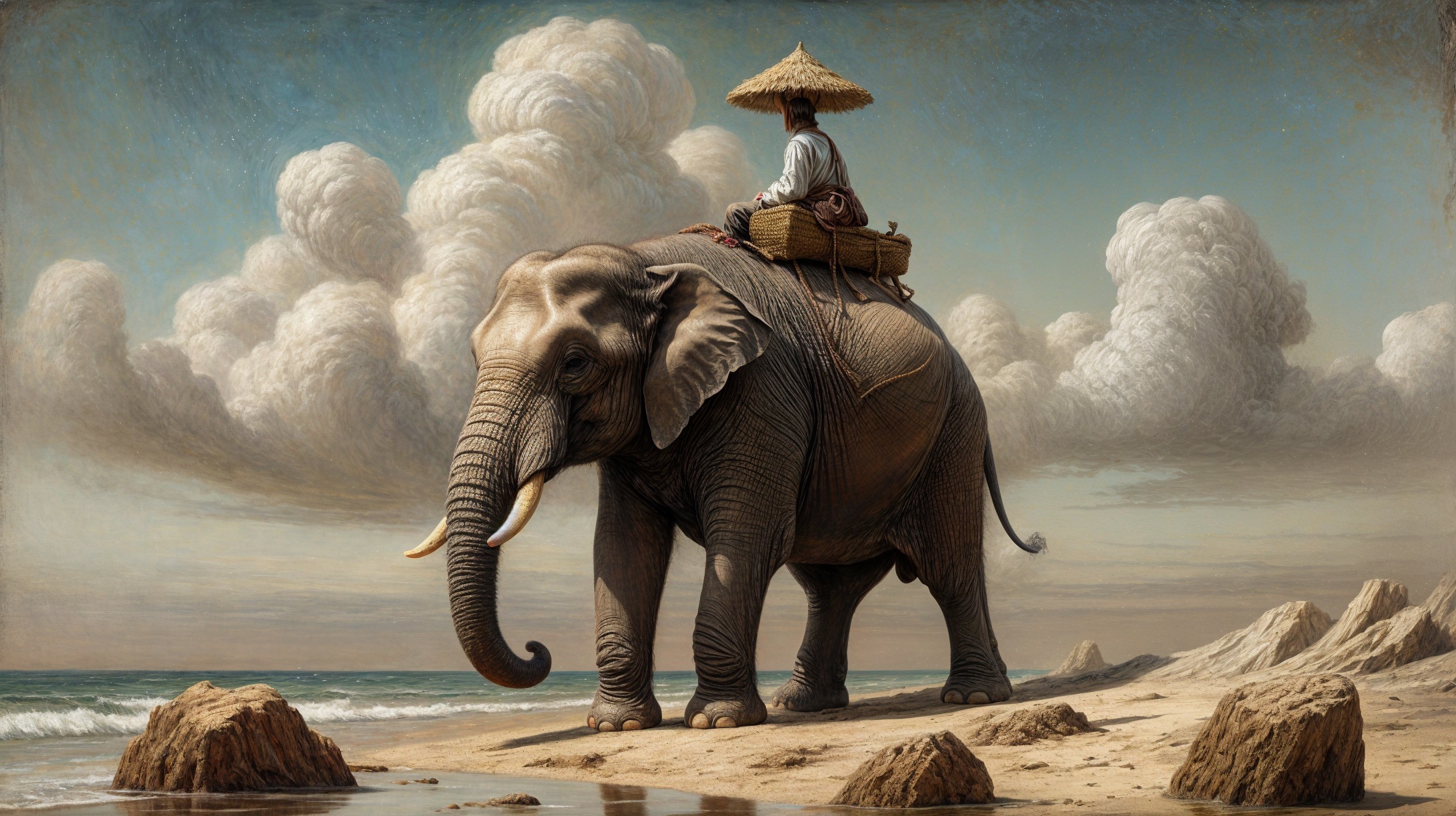 Elephant on Beach with Person and Scenic Landscape