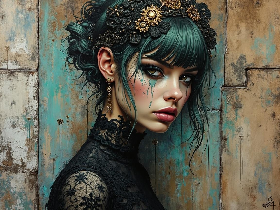 Portrait of a Woman with Dark Green Hair and Lace Dress