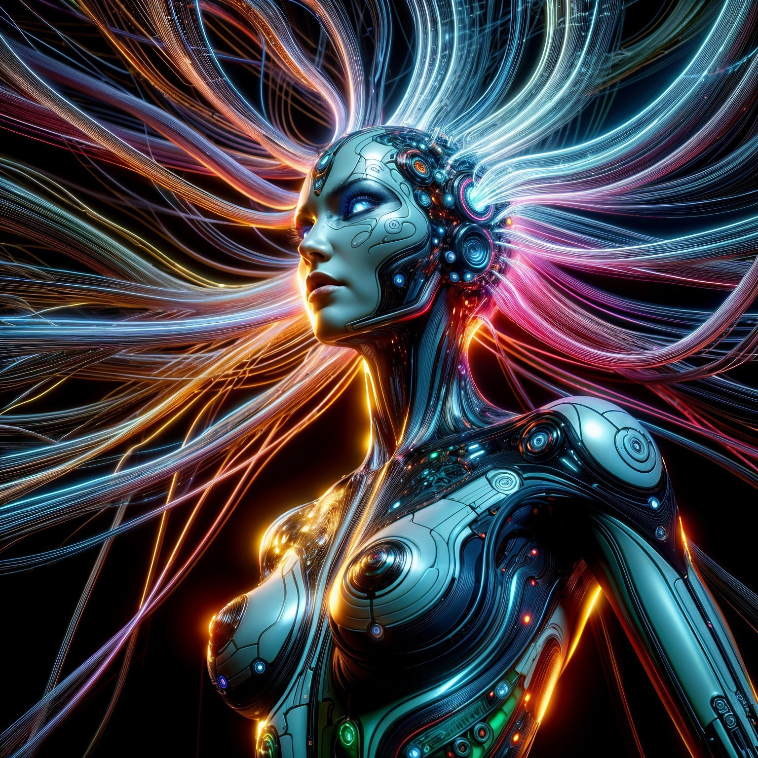 Intricate humanoid robot with glowing circuitry design