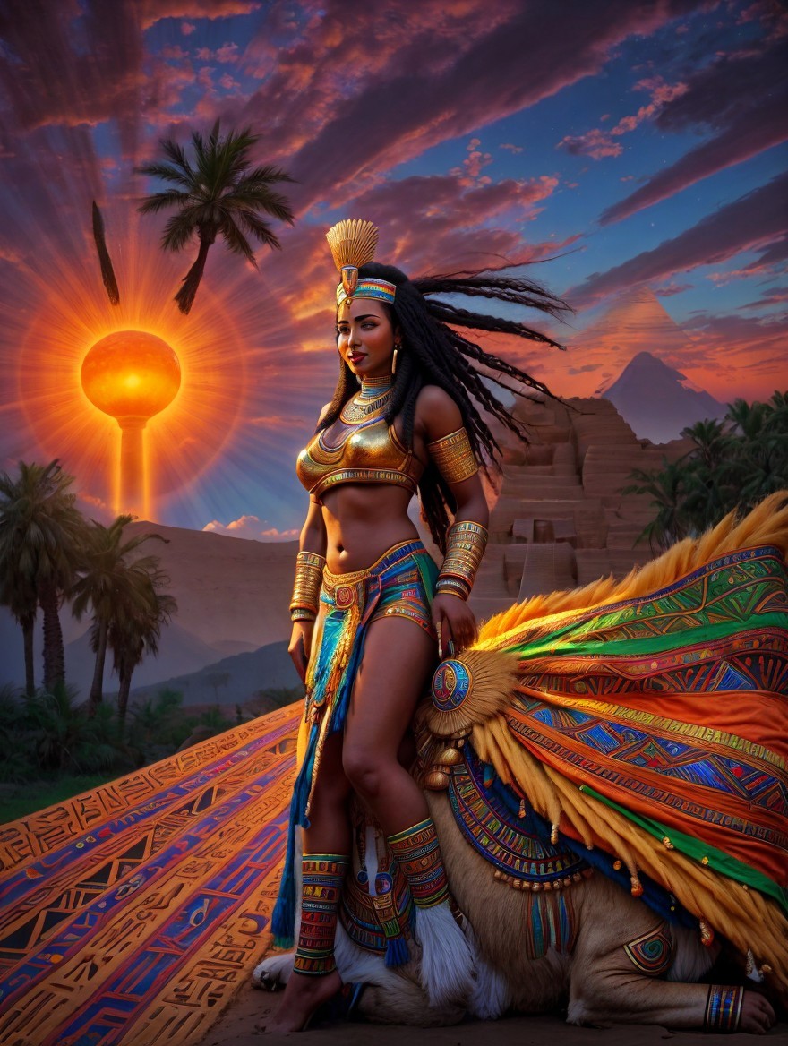 Majestic figure in ancient Egyptian landscape at sunset