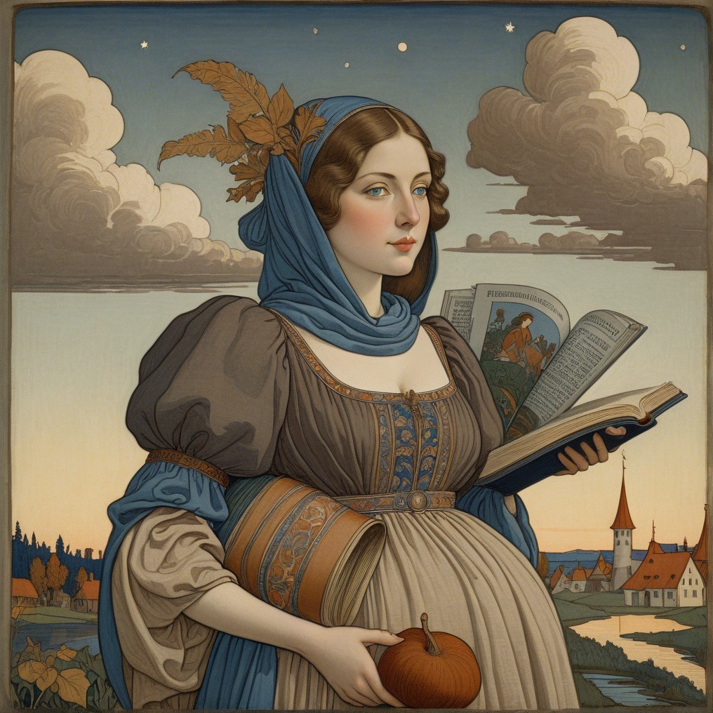 Woman in Traditional Dress with Book and Pumpkin