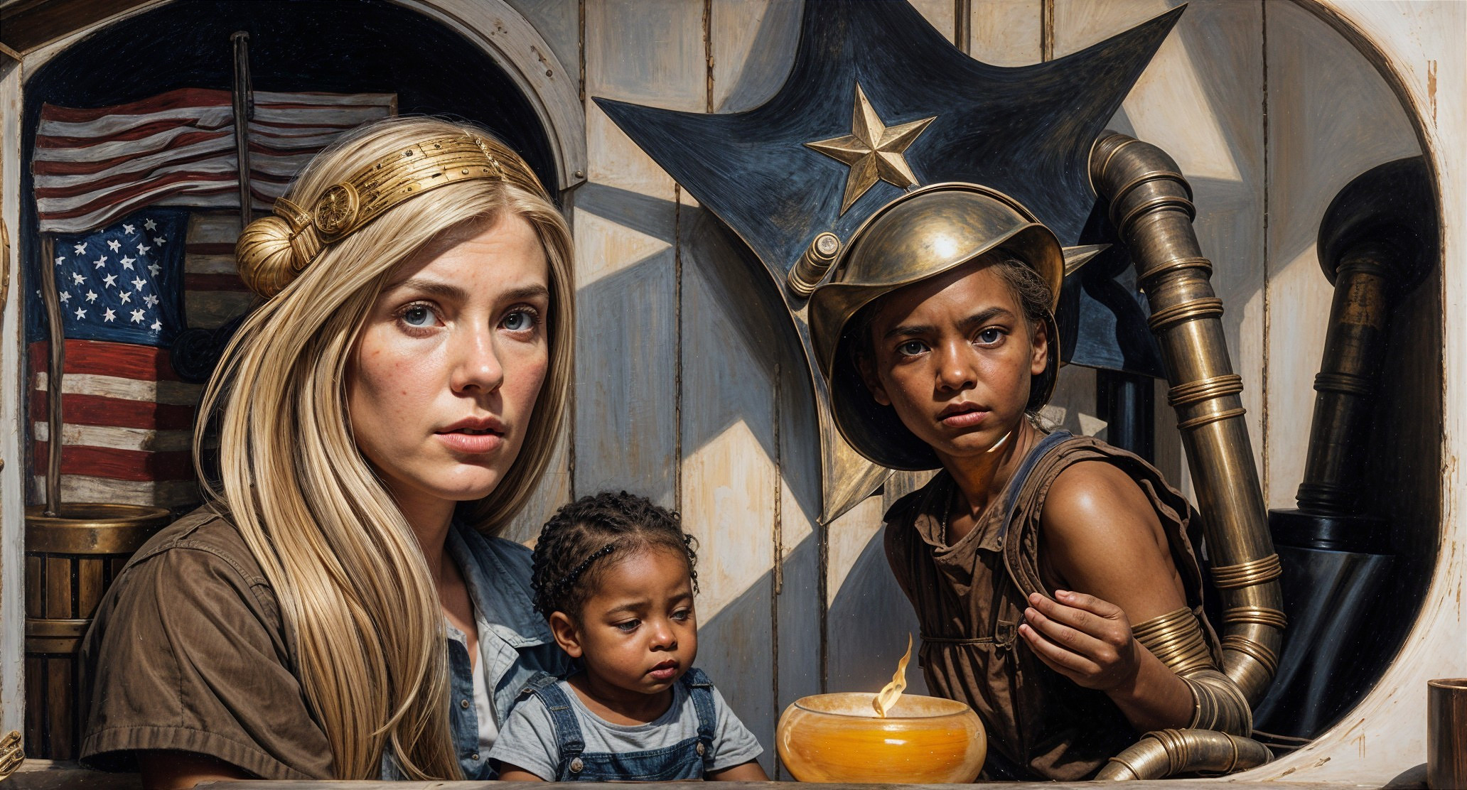 Woman and child in a reflective scene with symbolism