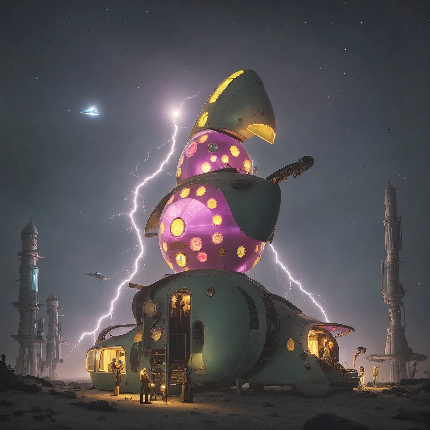 Futuristic Scene with Whimsical Egg-Shaped Structure