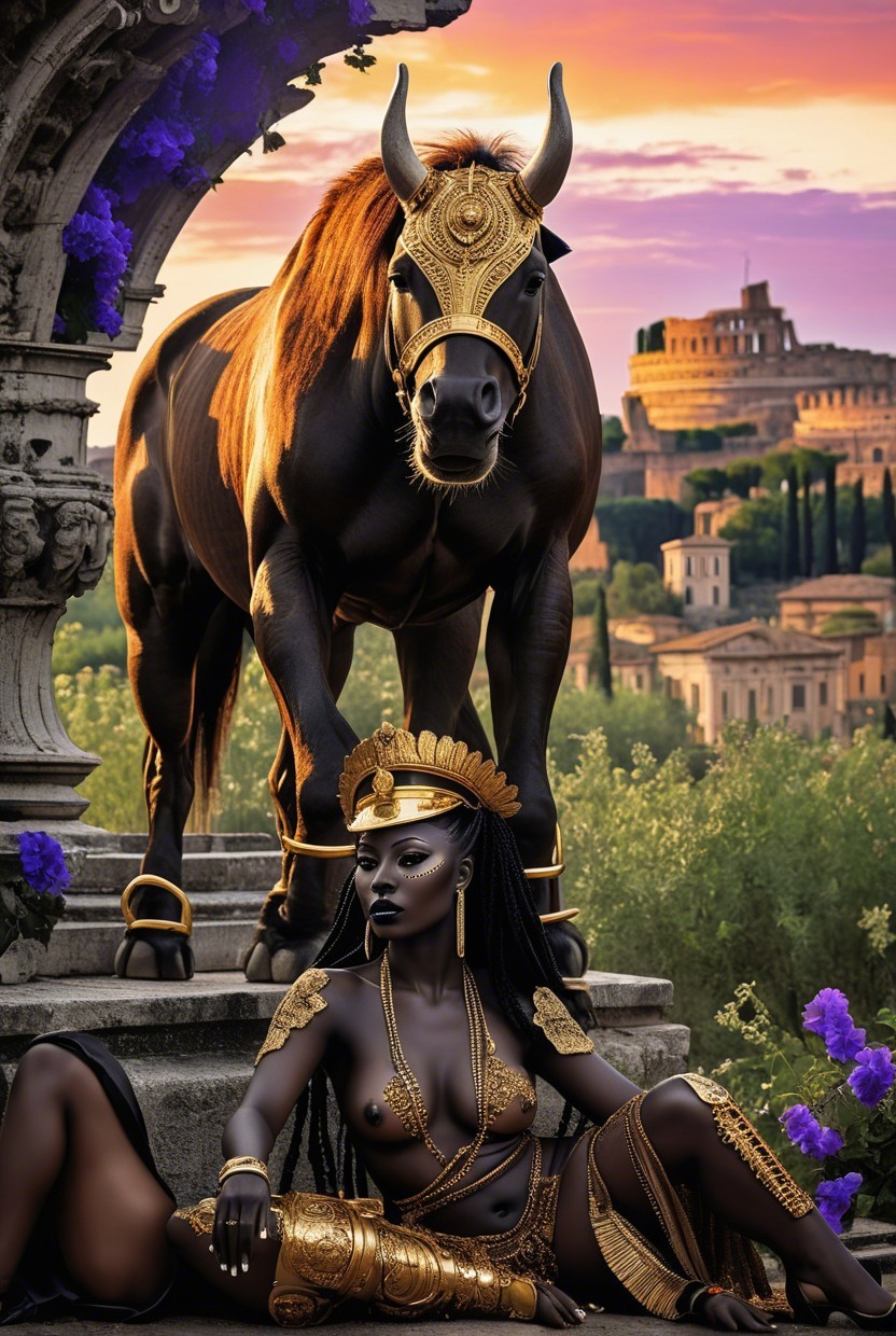 Majestic Black Horse and Regal Figure in Sunset Scene
