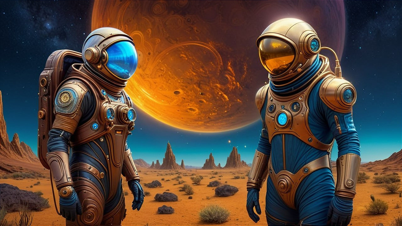 Astronauts in Futuristic Suits on Alien Landscape