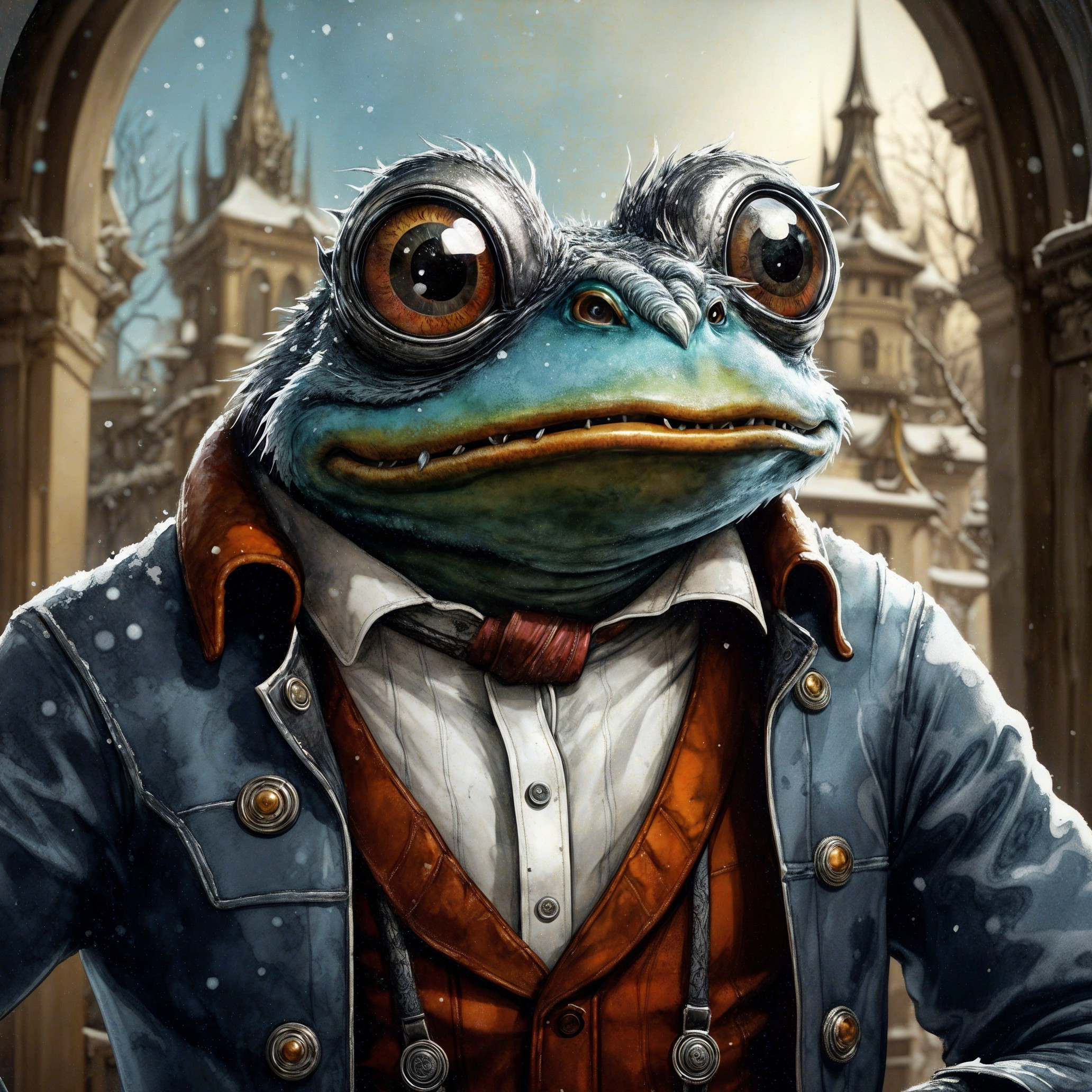 Victorian Toad in Snowy Fantastical Landscape
