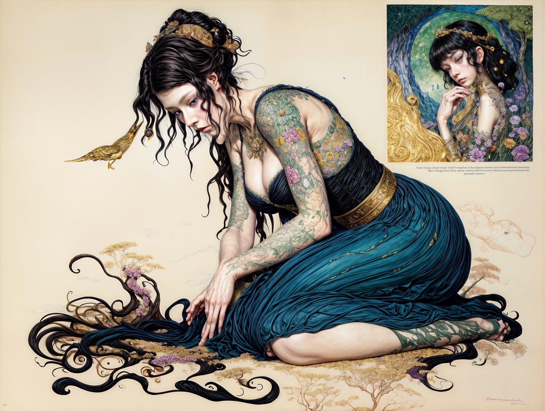 Young Woman in Teal Dress with Floral Tattoos and Bird