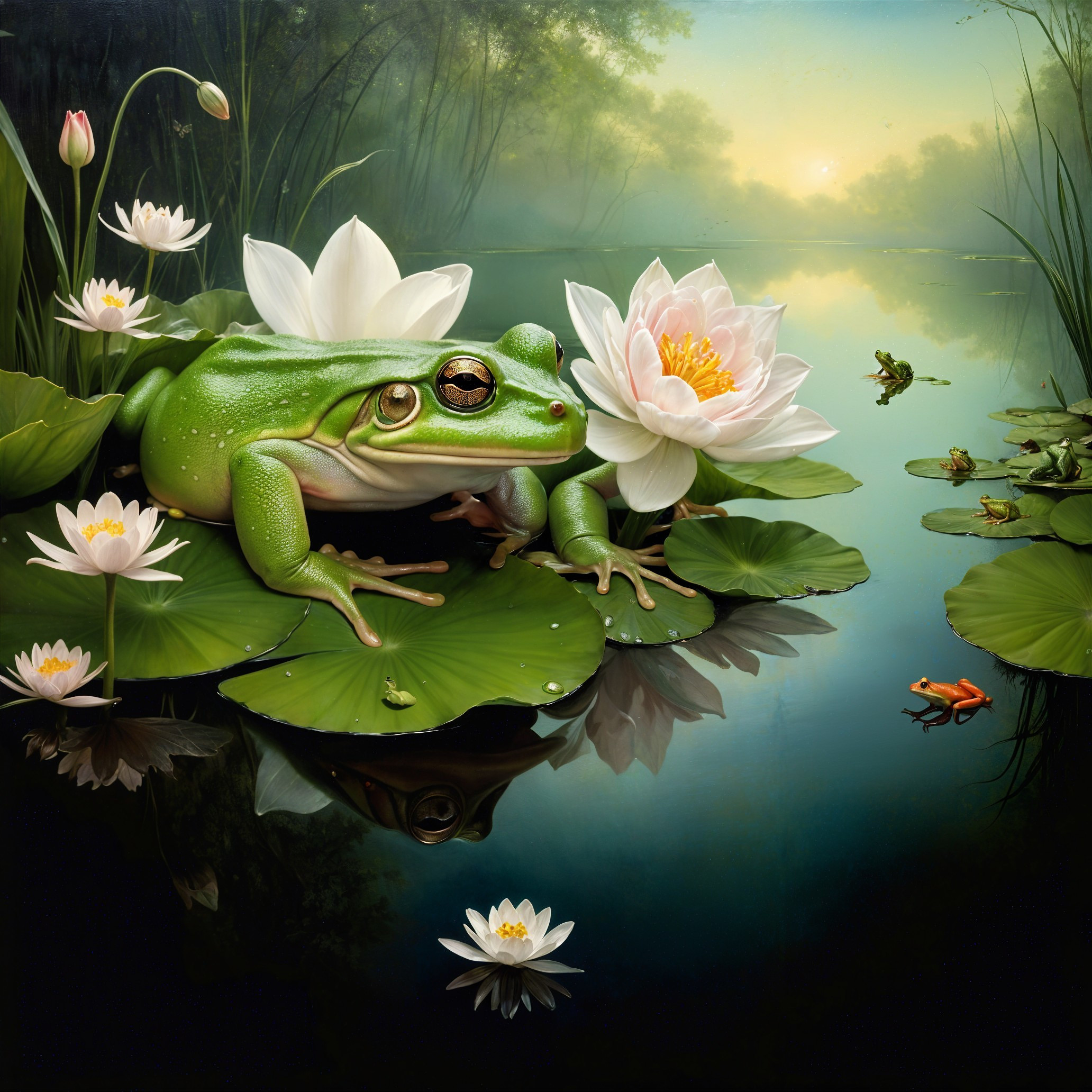 Green Frog on Lily Pad Among Lotus Flowers in Pond