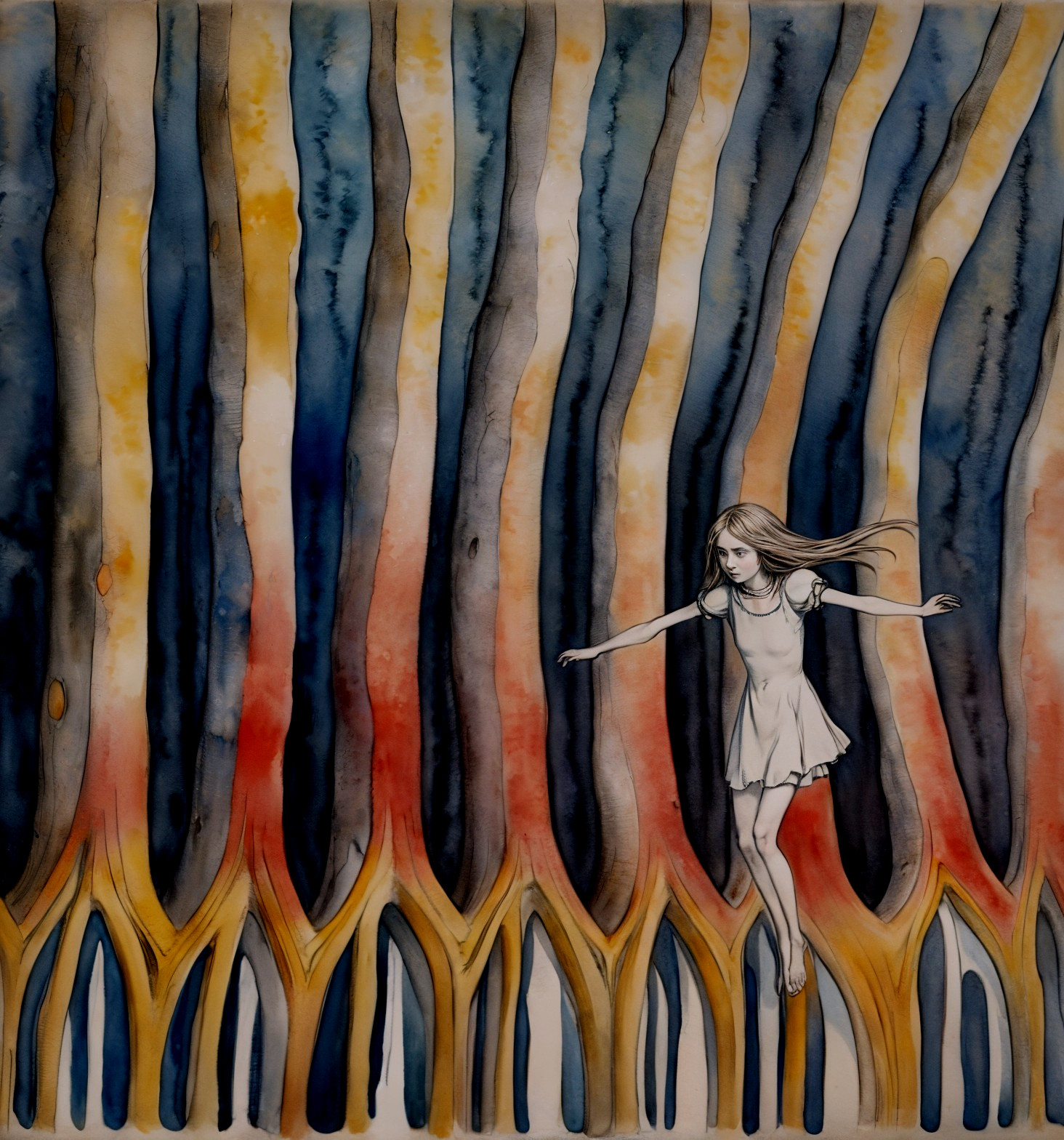 Girl in White Dress Among Vibrant Tree-Like Structures