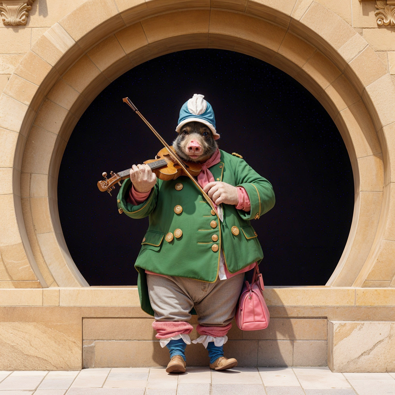 Whimsical Pig in Green Coat Playing Violin at Doorway
