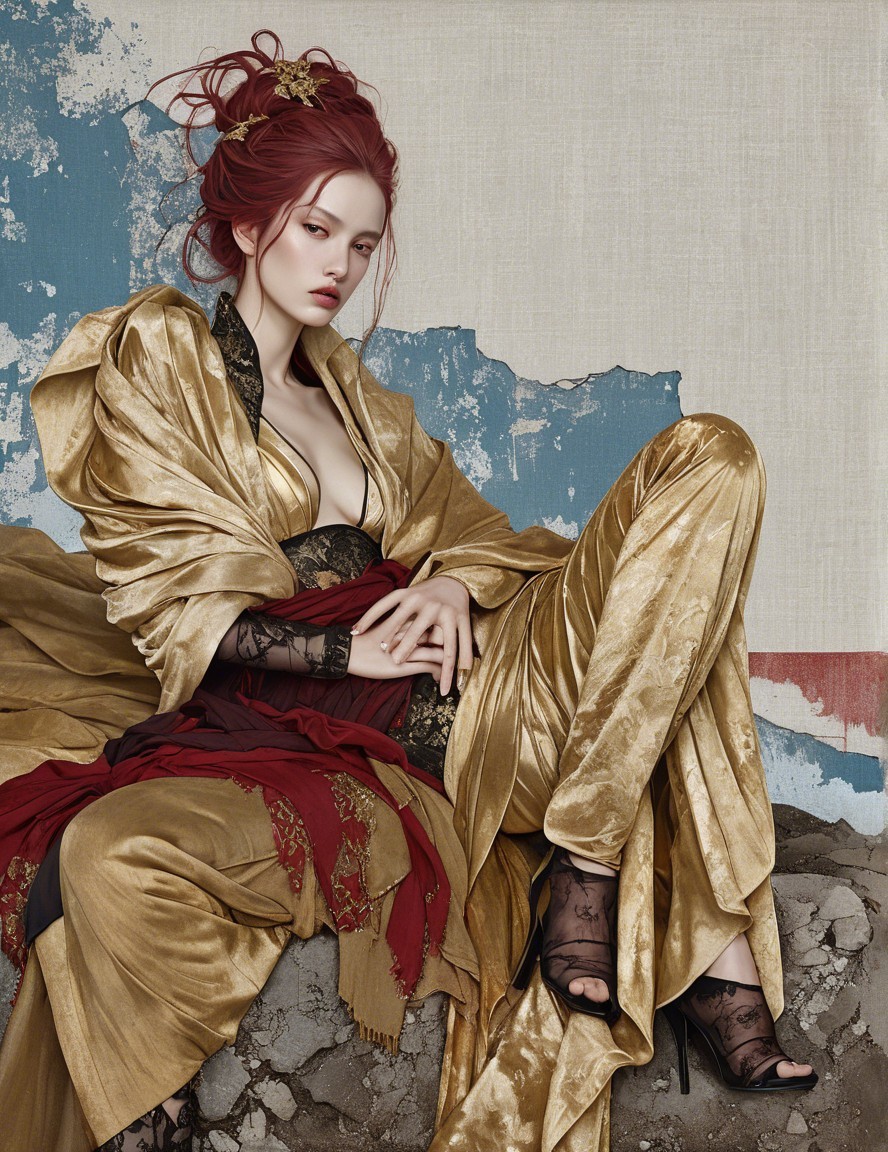 Figure in Gold Kimono Against Textured Blue Background