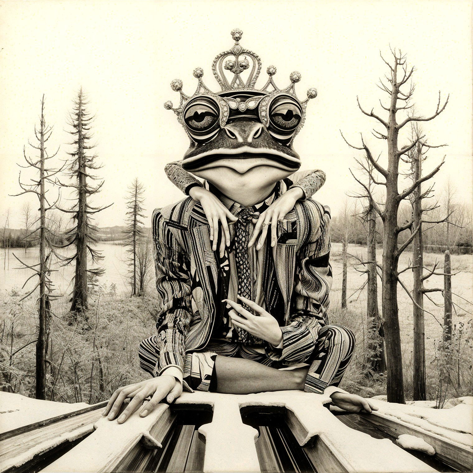 Surreal Frog in Crown at Piano in Misty Landscape