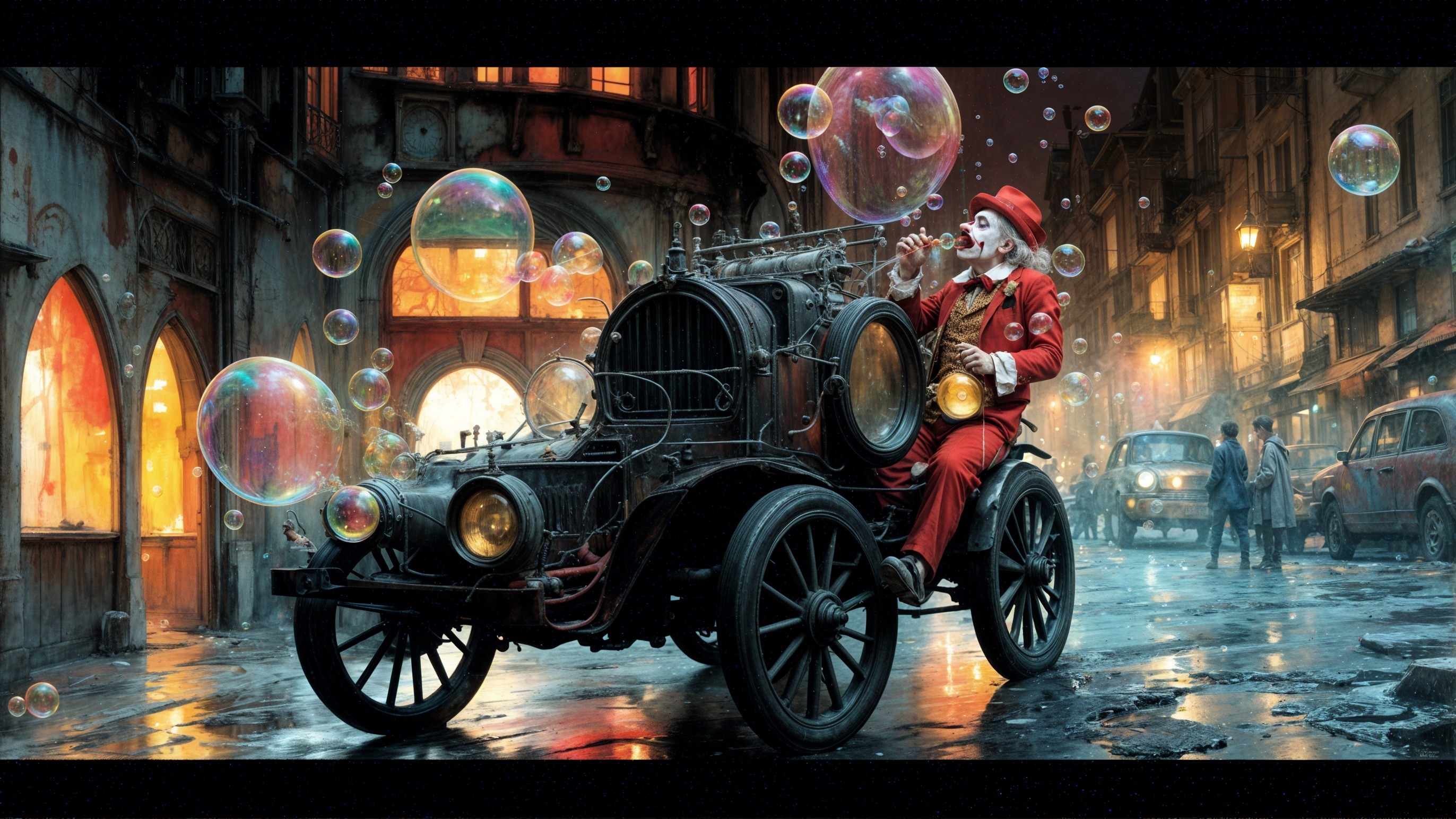 Surreal Vintage Street Scene with Clown and Bubbles