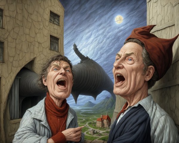 Surreal Landscape with Animated Characters in Conflict