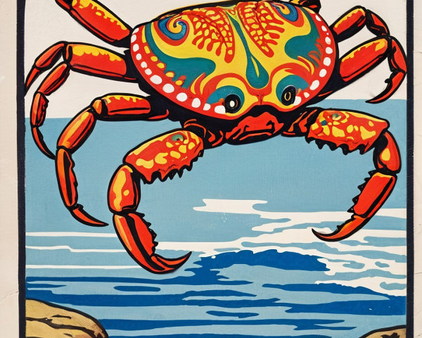 Colorful Crab Illustration Against Serene Seascape