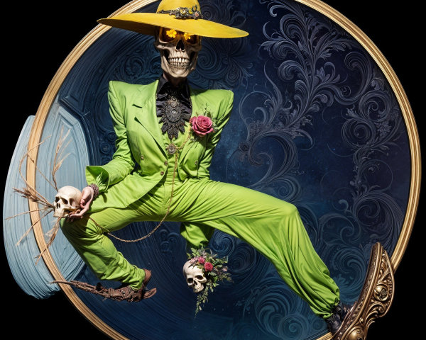 Vibrant Skeleton in Green Suit with Floral Details