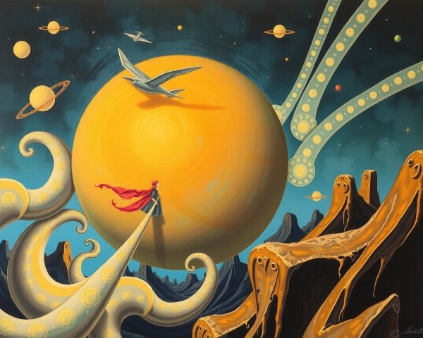 Surreal Landscape with Giant Sun and Fantastical Elements