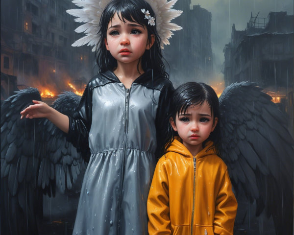 Children in a Rain-Soaked Urban Landscape with Ruins