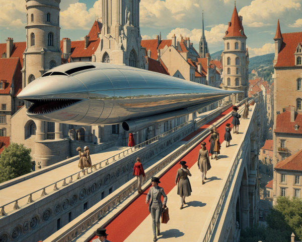 Futuristic Train in Elegant Cityscape with Historical Architecture