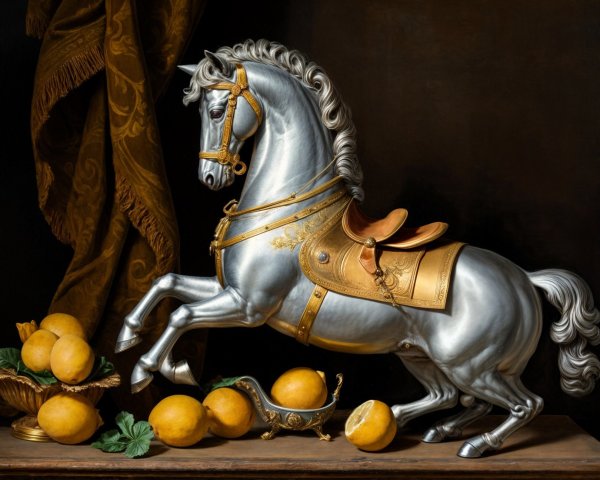 Silver Horse and Lemons on Ornate Dish Display