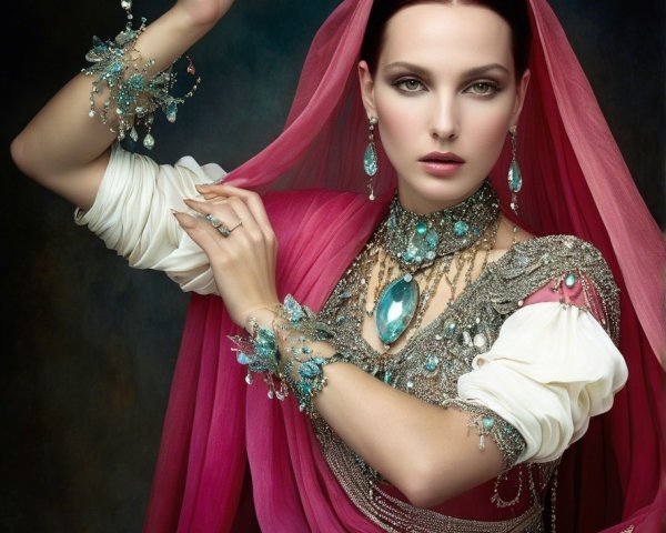 Elegant Figure in Rich Fabrics and Intricate Jewelry