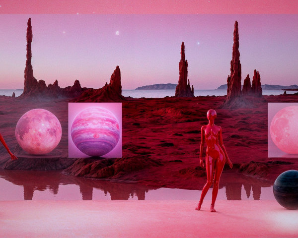 Surreal Landscape with Pink Hues and Humanoid Figures