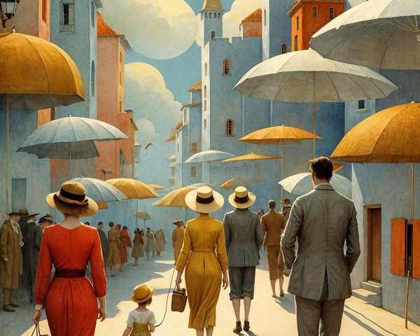 Whimsical Town Scene with Pastel Buildings and Umbrellas