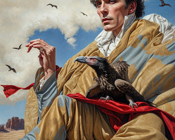 Contemplative Figure with Eagle Against Dramatic Sky