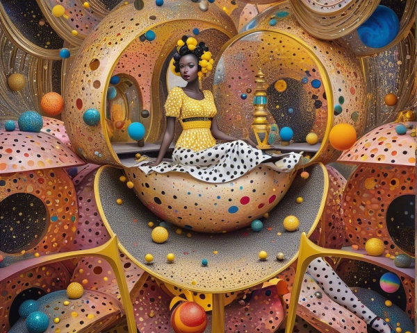 Surreal Scene of Woman in Yellow Polka-Dot Dress