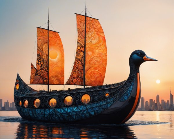 Sailing Ship with Orange Sails at Sunset Over Water