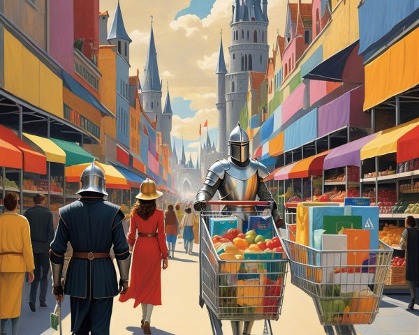 Medieval Marketplace with Knights and Colorful Produce