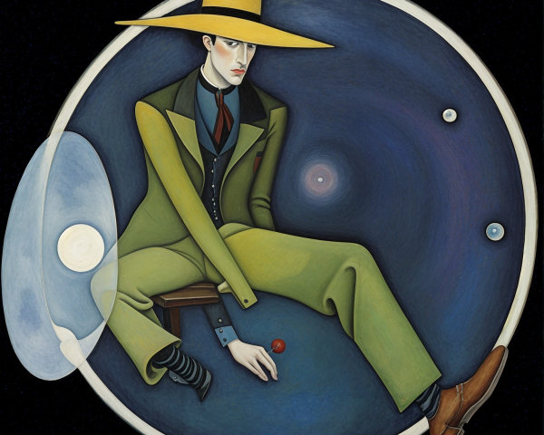 Stylized Figure in Green Suit and Yellow Hat