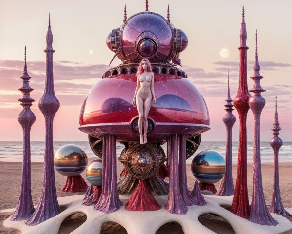 Surreal Landscape with Futuristic Metallic Structure