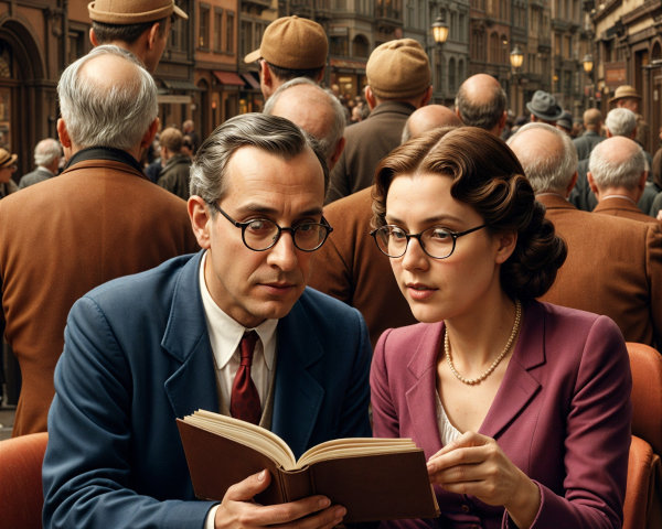Engaged Discussion Over Book in Vintage City Setting