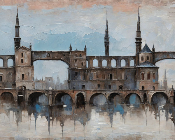 Ancient Bridge with Towers and Arches in Pastel Sky