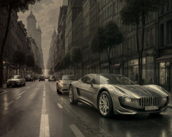 Futuristic sports car on a rain-slicked city street