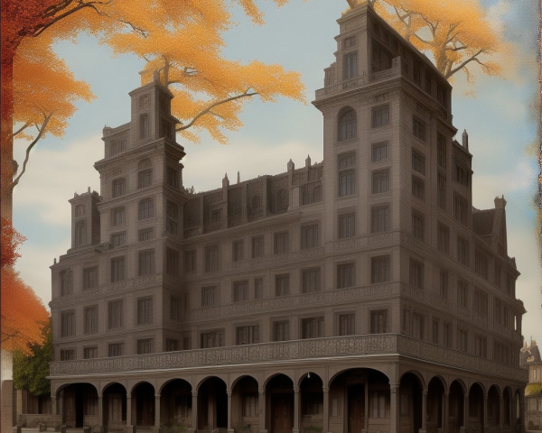 Vintage-style building with intricate architecture and autumn trees
