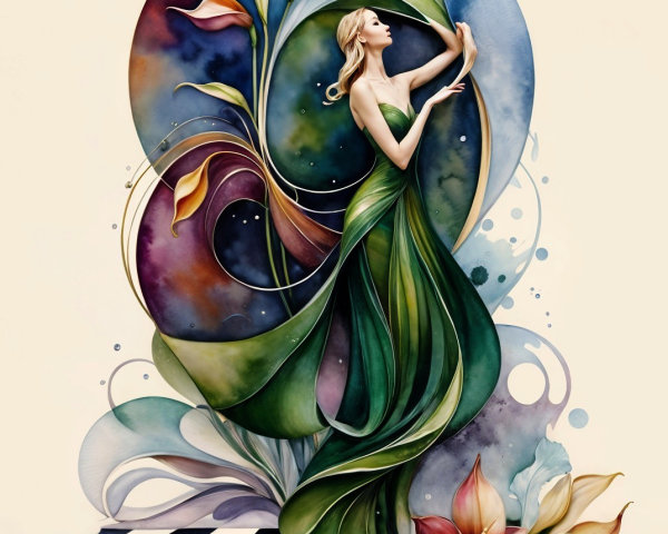 Elegant Figure in Green Fabric with Calla Lilies