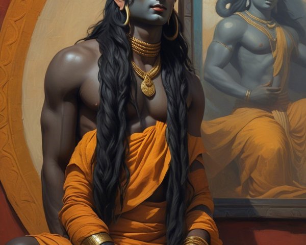 Deity Figure in Traditional Attire with Snake and Portrait