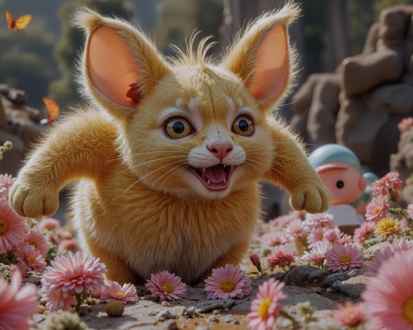 Fluffy Cartoonish Creature in Vibrant Daisy Landscape