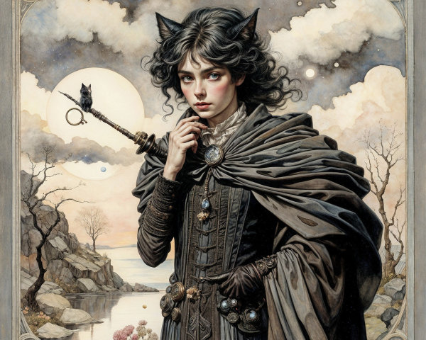 Mysterious Woman by Tranquil Lake with Feline Features