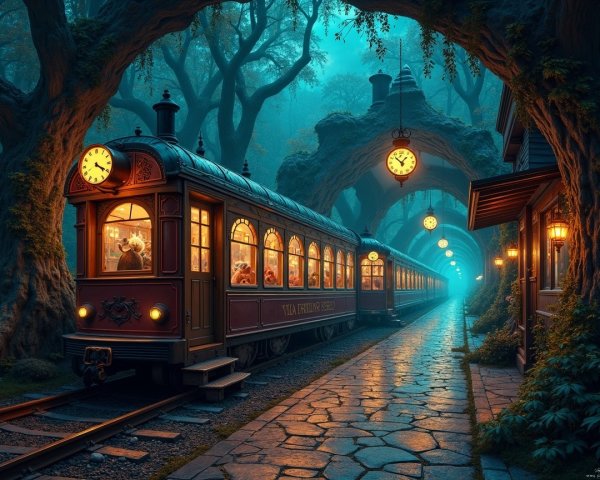 Vintage train in foggy forest with glowing windows