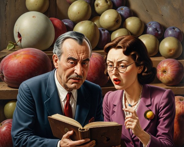 Rustic Scene of Two People Studying a Book with Fruits