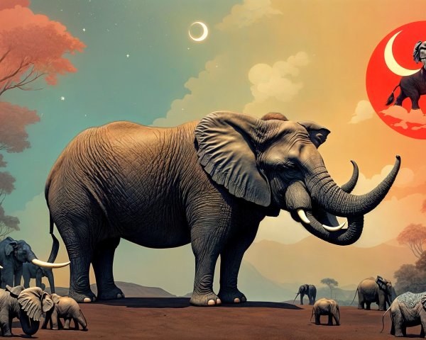 Surreal Landscape with Elephants and Colorful Sky