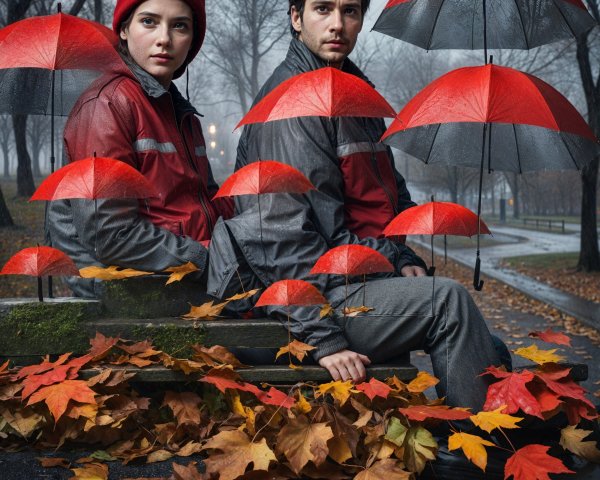 Rainy Park Scene with Individuals in Red Jackets